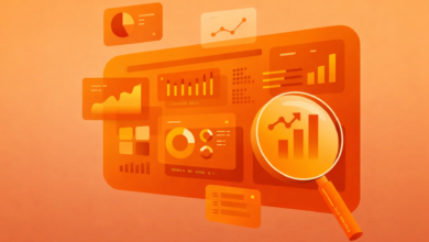 Orange data analytics dashboard with charts and magnifying glass.