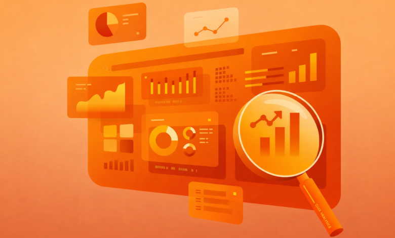 Orange data analytics dashboard with charts and magnifying glass.
