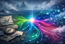 Compass, map, and magnifying glass with colorful light beams in a stormy landscape.