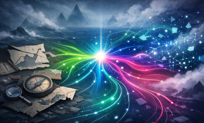 Compass, map, and magnifying glass with colorful light beams in a stormy landscape.
