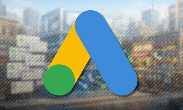 Google Ads logo with a blurred city background.