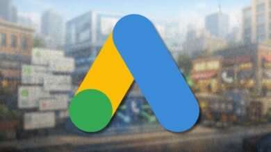 Google Ads logo with a blurred city background.
