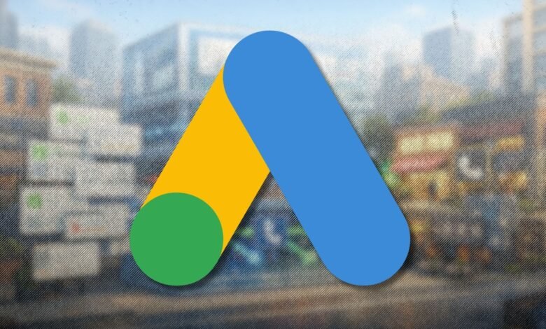 Google Ads logo with a blurred city background.