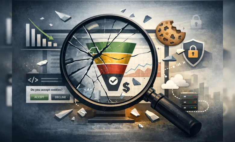 Broken magnifying glass over a sales funnel, cookie, and privacy icons.