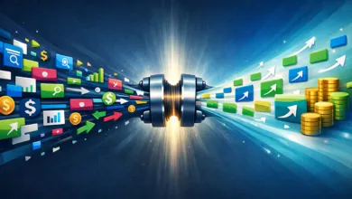 Data flows through a central hub, transforming into growth and profit.