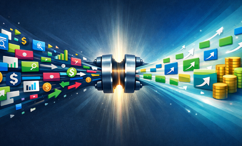 Data flows through a central hub, transforming into growth and profit.