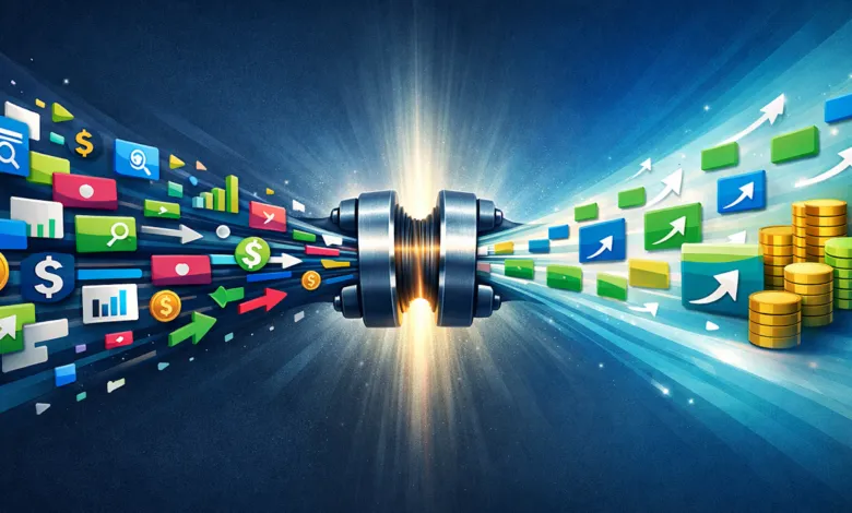 Data flows through a central hub, transforming into growth and profit.