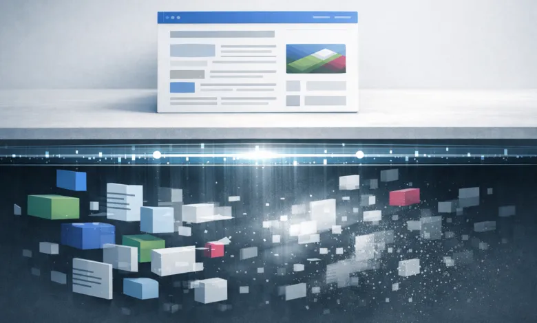 Website interface above data blocks, representing AI content retrieval.