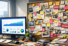Office desk with data on screen and a brainstorming board covered in notes.