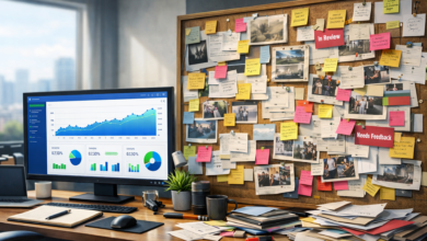 Office desk with data on screen and a brainstorming board covered in notes.