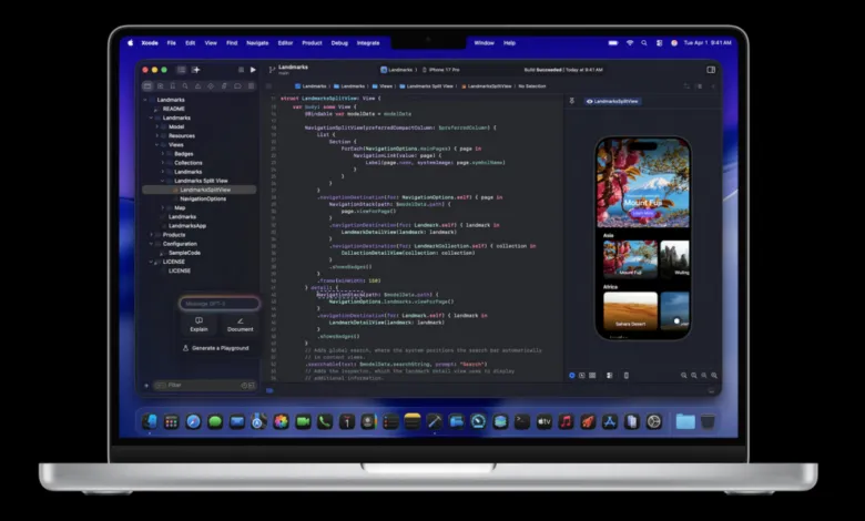 Xcode IDE on a MacBook displaying Swift code and a mobile app preview.
