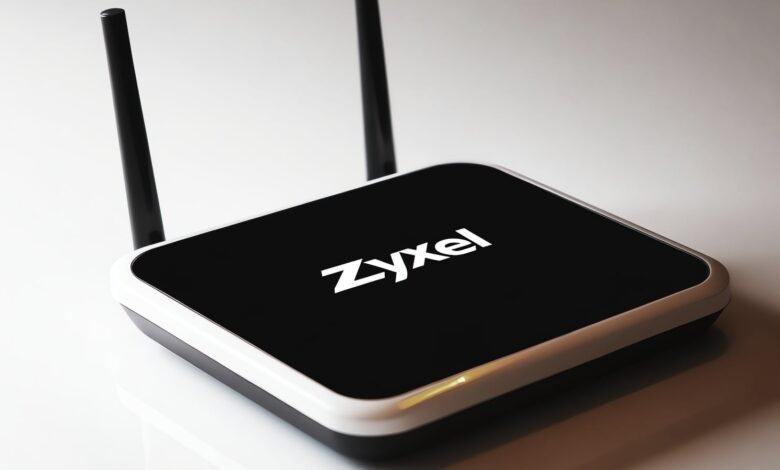Zyxel router with two antennas on a white surface.