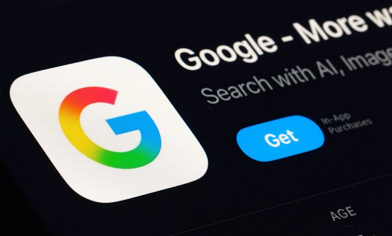 Google app listing on a phone screen with a colorful 'G' logo.