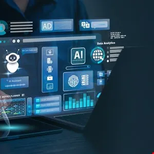 Person using laptop with AI interface, showing data analytics and AI assistant.