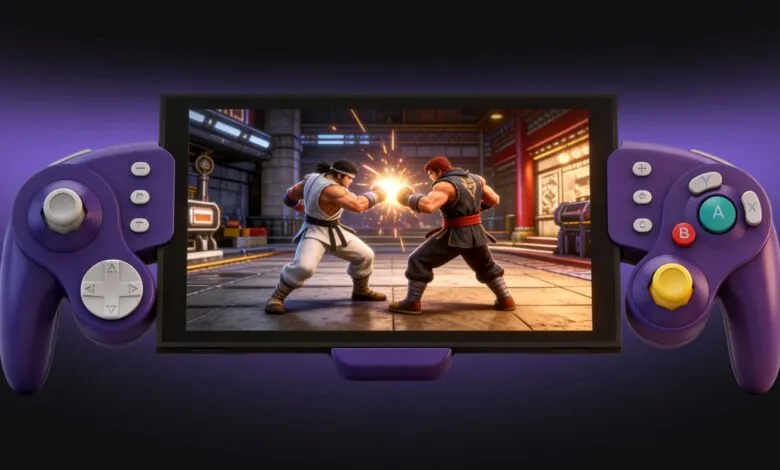 Handheld gaming console with purple controllers showing a fighting game.