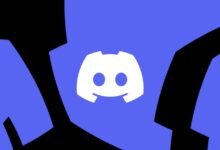 Discord logo in white on blue background with black abstract shapes.