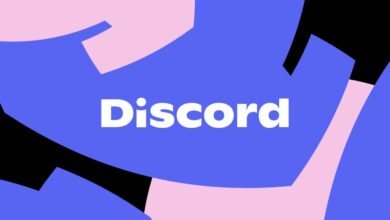 Discord logo on a background of abstract shapes in blue, pink, and black.