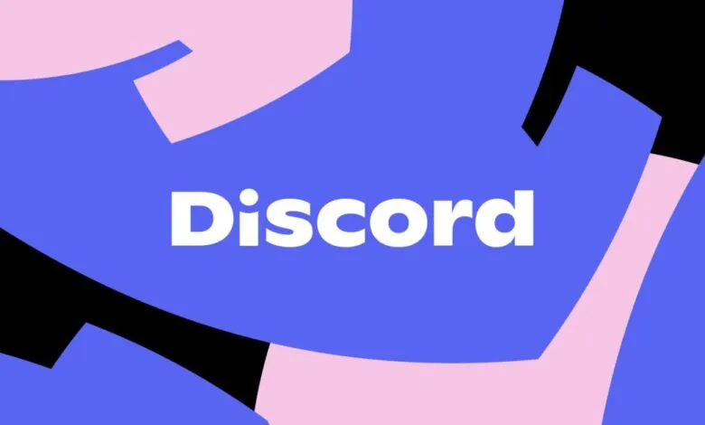 Discord logo on a background of abstract shapes in blue, pink, and black.