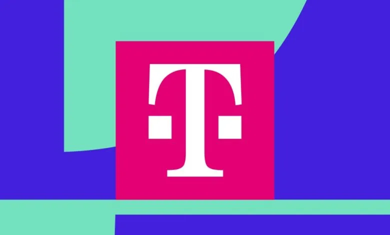 T-Mobile logo on a vibrant, geometric background.