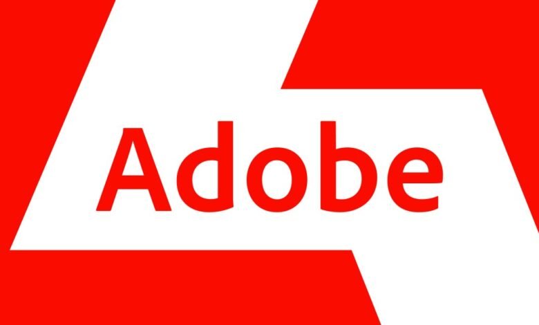 Adobe logo in red and white, featuring the company name.