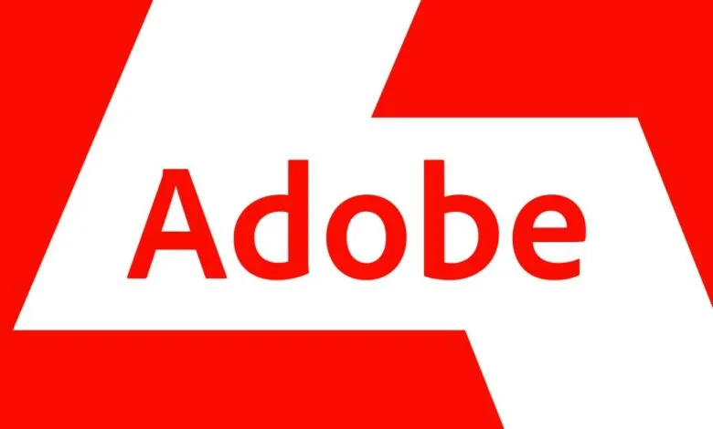 Adobe logo in red and white, featuring the company name.