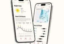 Two iPhones displaying weather app interfaces with forecasts and rain maps.