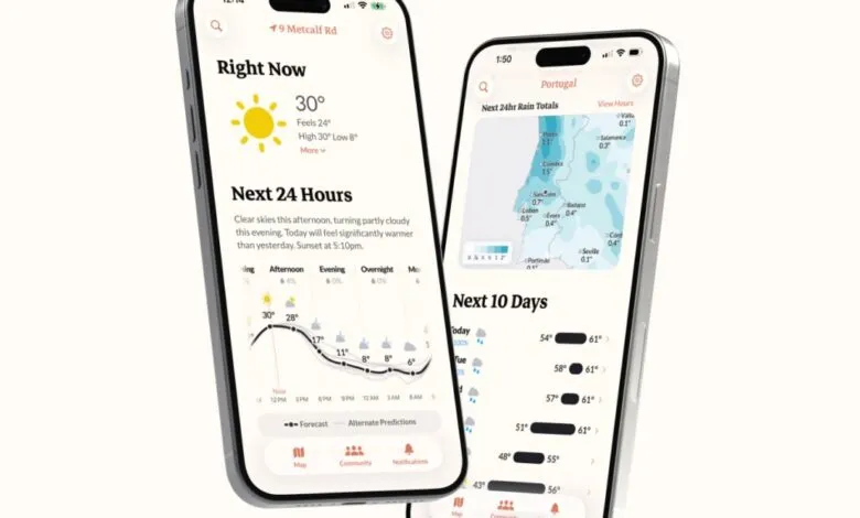 Two iPhones displaying weather app interfaces with forecasts and rain maps.