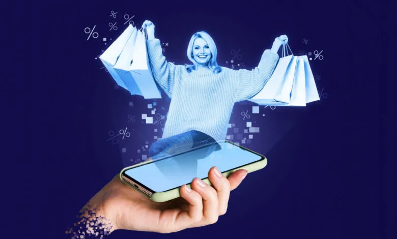Woman with shopping bags appears from phone screen, digital shopping concept.