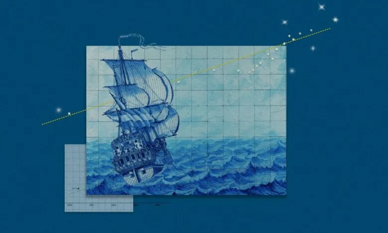 Blue tile art of a ship on waves with a rising trend line and graph.