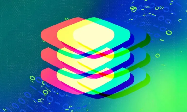 Abstract stack of rounded hexagons with vibrant color overlays.