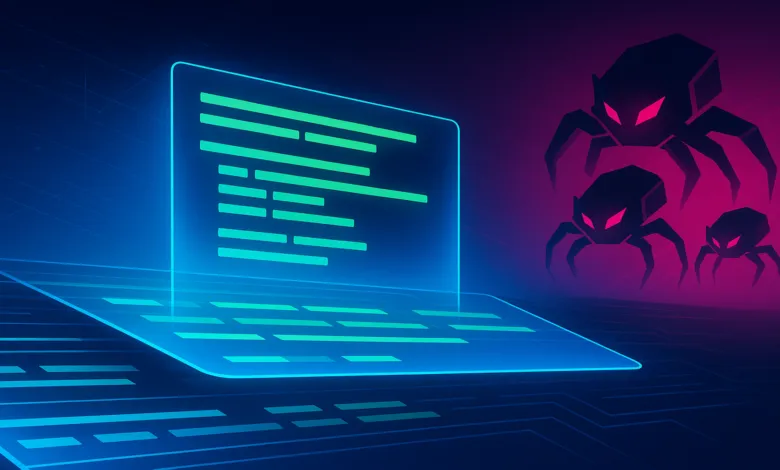Stylized laptop screen with code and spider-like bots in a digital landscape.