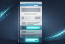 Website mockup with highlighted sections on a blue background.