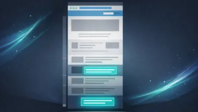 Website mockup with highlighted sections on a blue background.