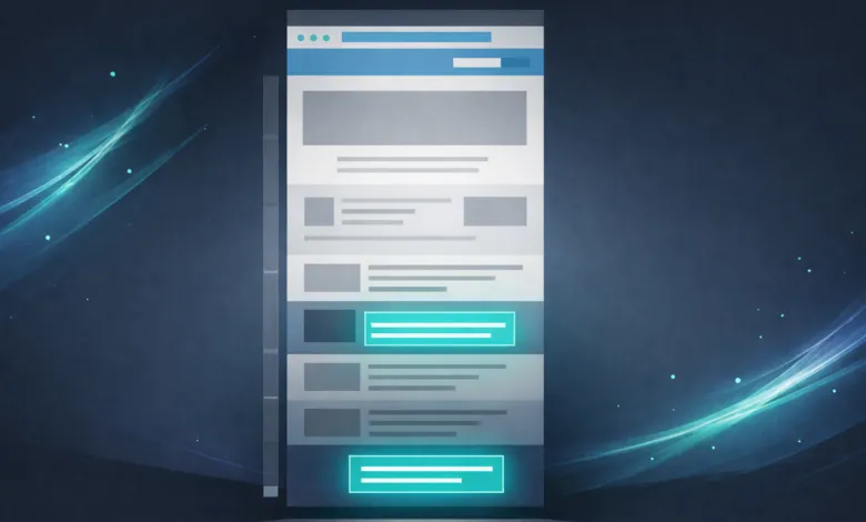 Website mockup with highlighted sections on a blue background.