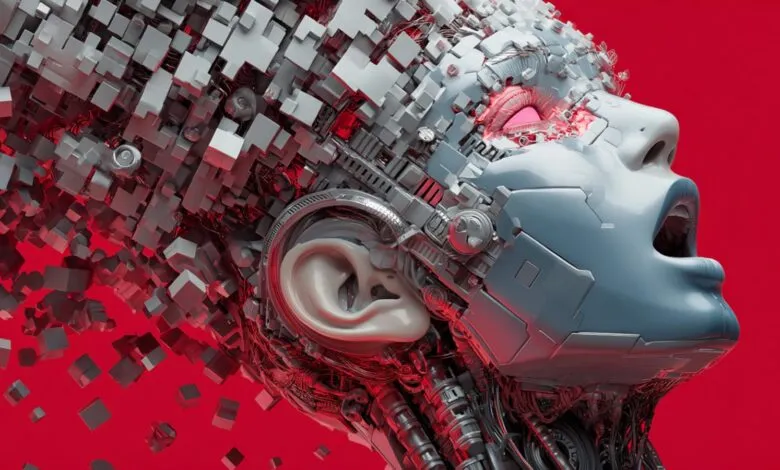 Abstract robotic head with glowing red eyes and fragmented cube design.