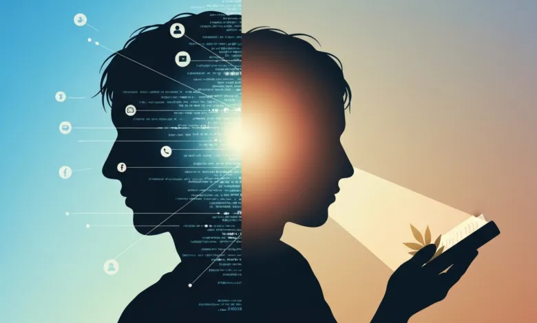 Silhouette of two faces, one with code and social media icons, the other reading.