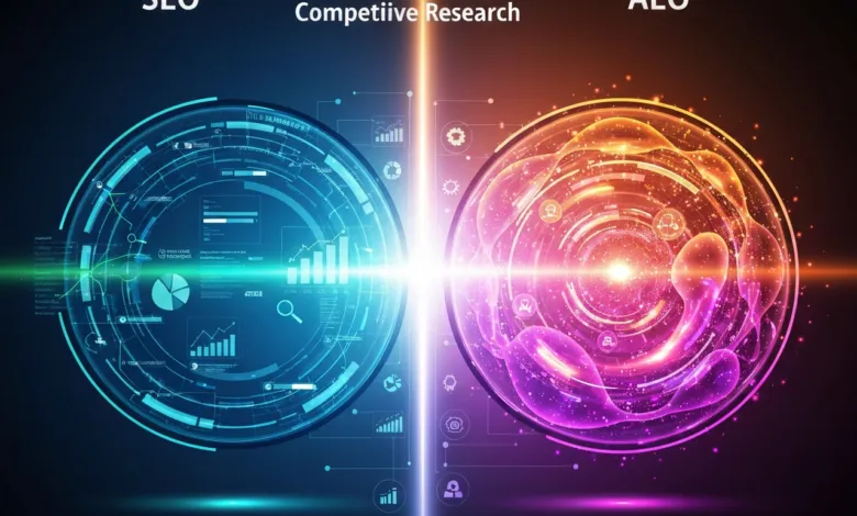 SEO, Competitive Research, and AEO concepts visualized with data and glowing spheres.