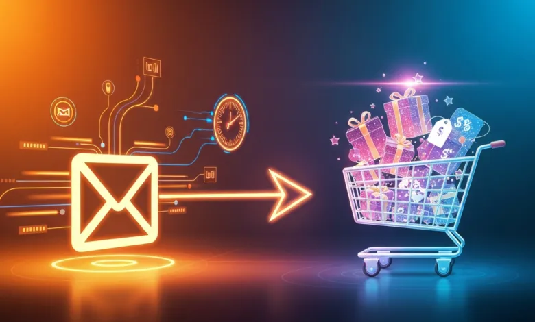Glowing email icon sends gifts to shopping cart in digital illustration.