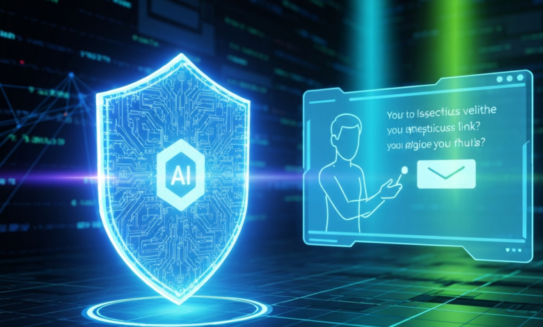 AI security shield protects against phishing email, digital safety.