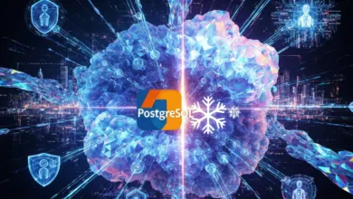 PostgreSQL logo with snowflake and security icons against a futuristic city backdrop.