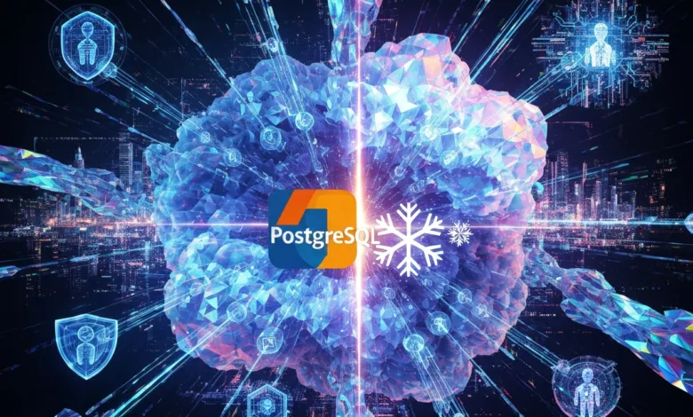 PostgreSQL logo with snowflake and security icons against a futuristic city backdrop.