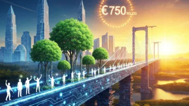 Futuristic bridge with trees and figures, cityscape backdrop, and a glowing €750 million symbol.