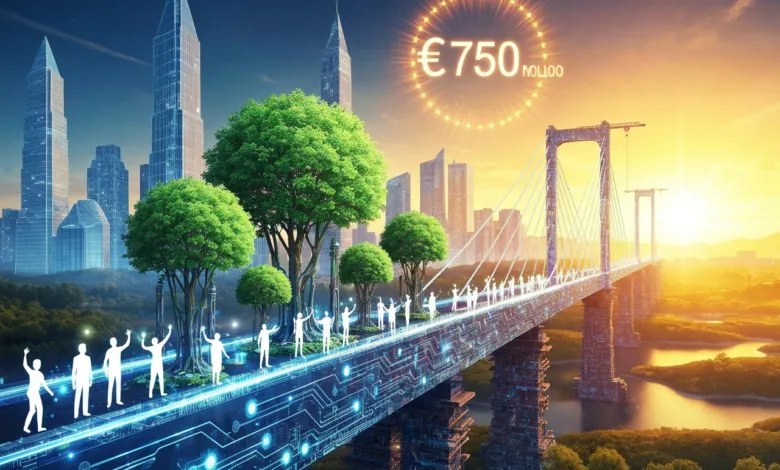 Futuristic bridge with trees and figures, cityscape backdrop, and a glowing €750 million symbol.