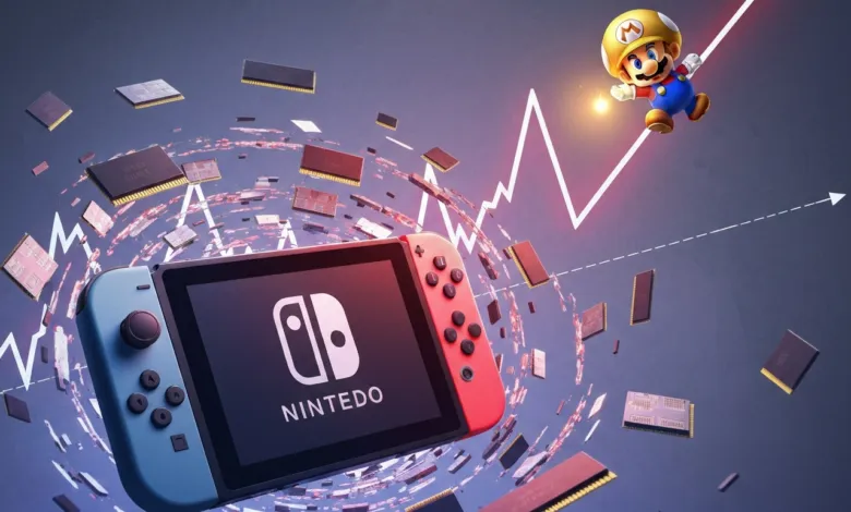 Nintendo Switch console with Mario and rising stock graph, chips floating around.