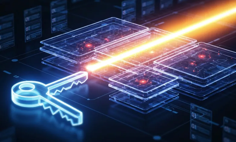 Glowing blue key unlocks data layers with orange light beam.