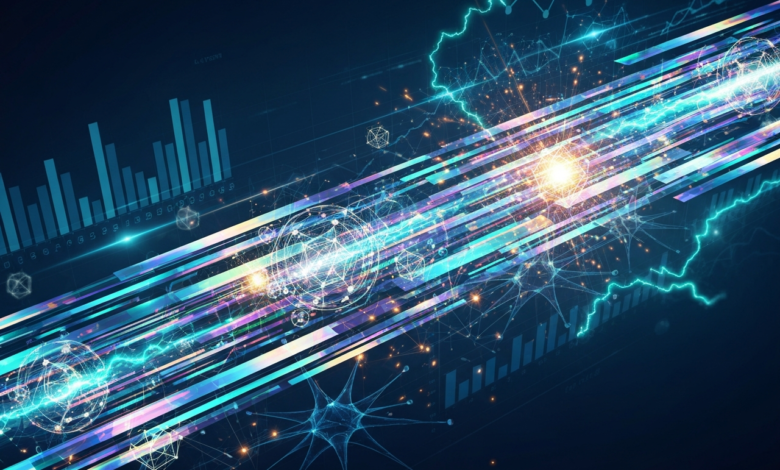 Abstract data visualization with charts, lines, and glowing orbs on a dark blue background.