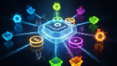 Abstract digital illustration of cloud security network with glowing icons.