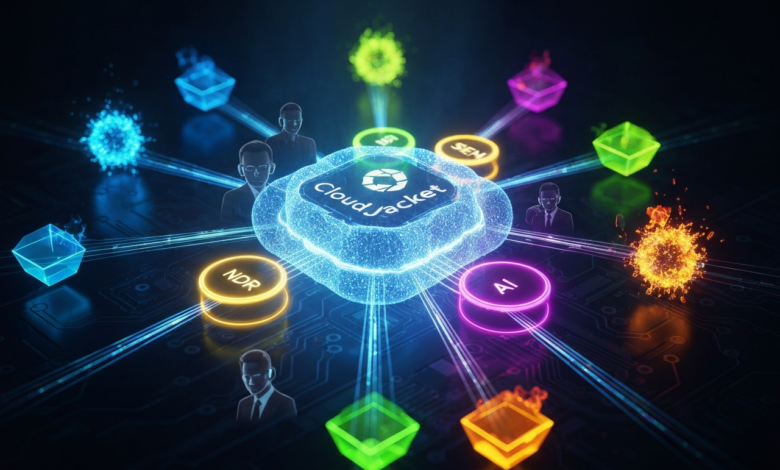 Abstract digital illustration of cloud security network with glowing icons.