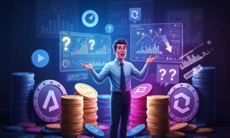 Cartoon man surrounded by crypto coins and charts looks confused.