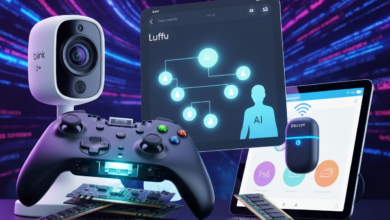 Tech gadgets including security camera, game controller, tablets, and memory chips.